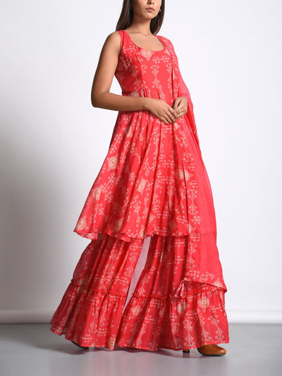 Scarlet Red Cotton Silk Printed Sharara Suit Set