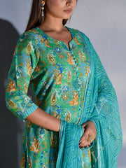 Grass Green and Blue Vasansi Silk Printed Suit Set