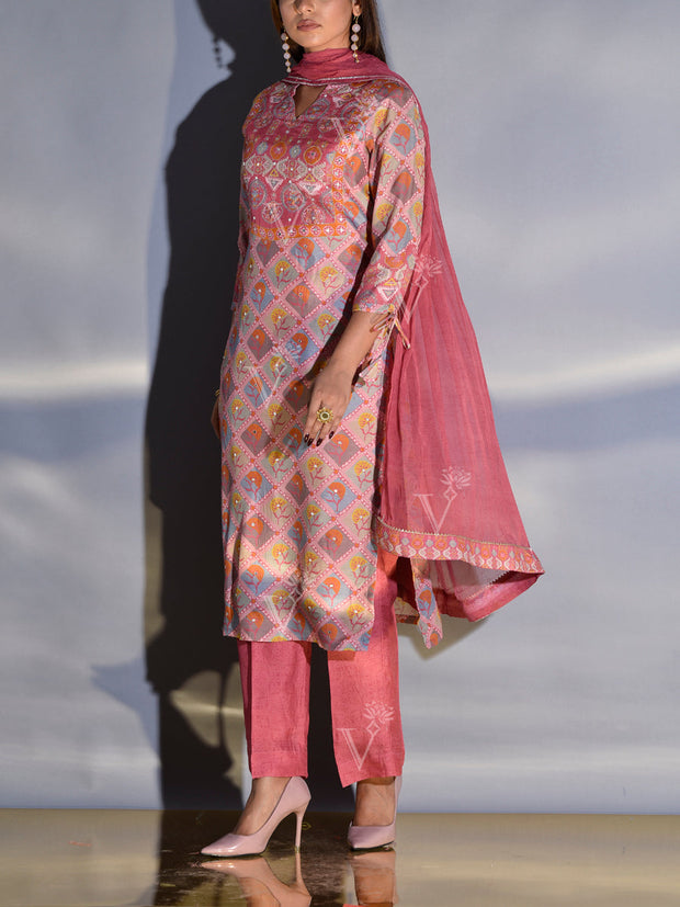 French Rose Vasansi Silk Printed Suit Set