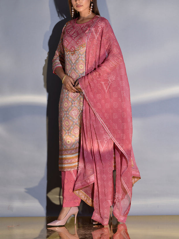 Pink and Grey Vasansi Silk Printed Suit Set