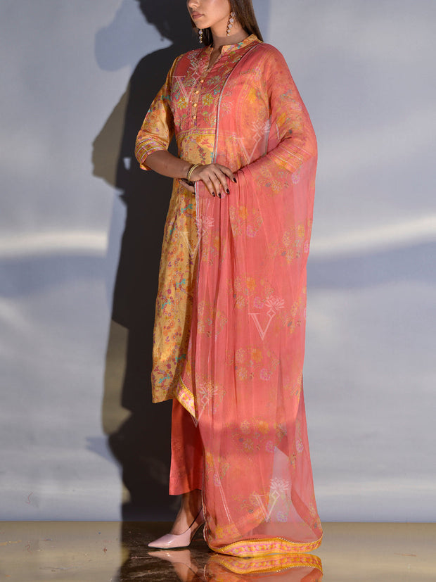 Yellow and Peach Vasansi Silk Printed Suit Set