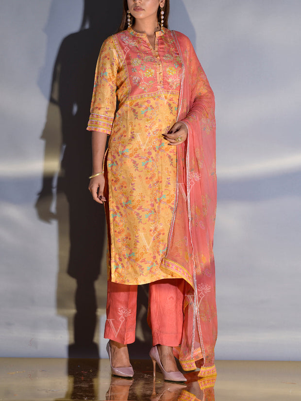 Yellow and Peach Vasansi Silk Printed Suit Set