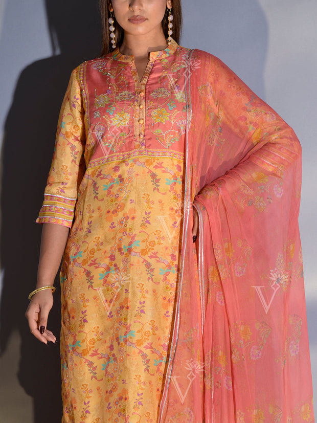 Yellow and Peach Vasansi Silk Printed Suit Set