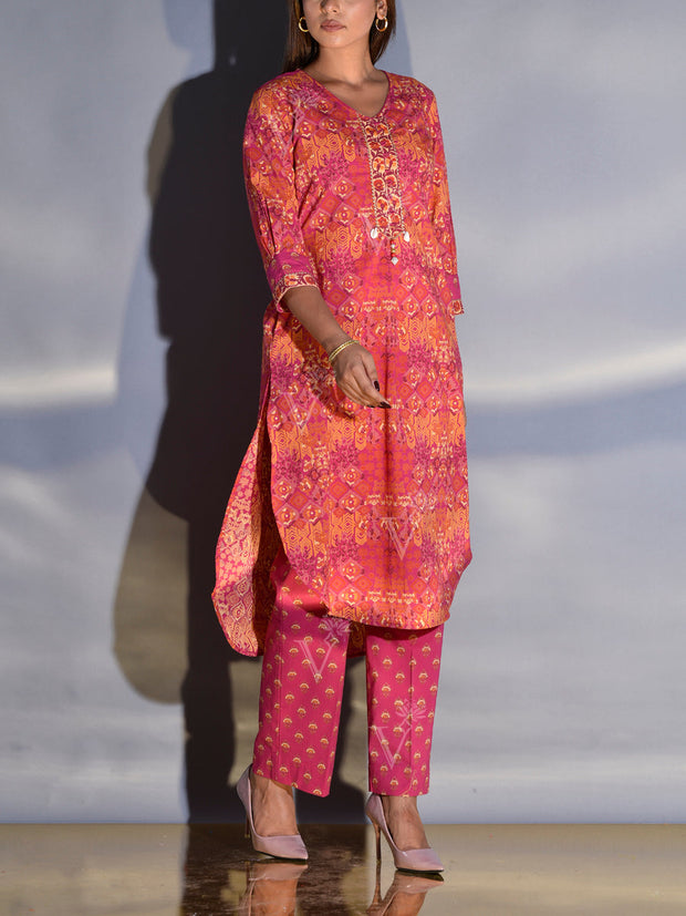 Brink Pink Cotton Printed Kurta and Pant Set