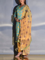 Yellow and Blue Floral Printed Vasansi Silk Suit Set