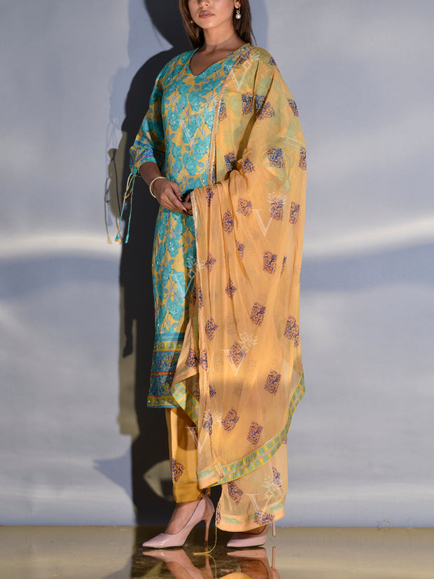 Yellow and Blue Floral Printed Vasansi Silk Suit Set