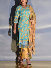 Yellow and Blue Floral Printed Vasansi Silk Suit Set