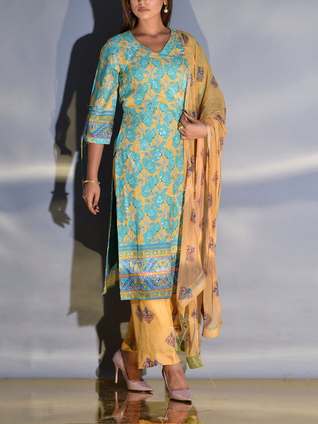 Yellow and Blue Floral Printed Vasansi Silk Suit Set