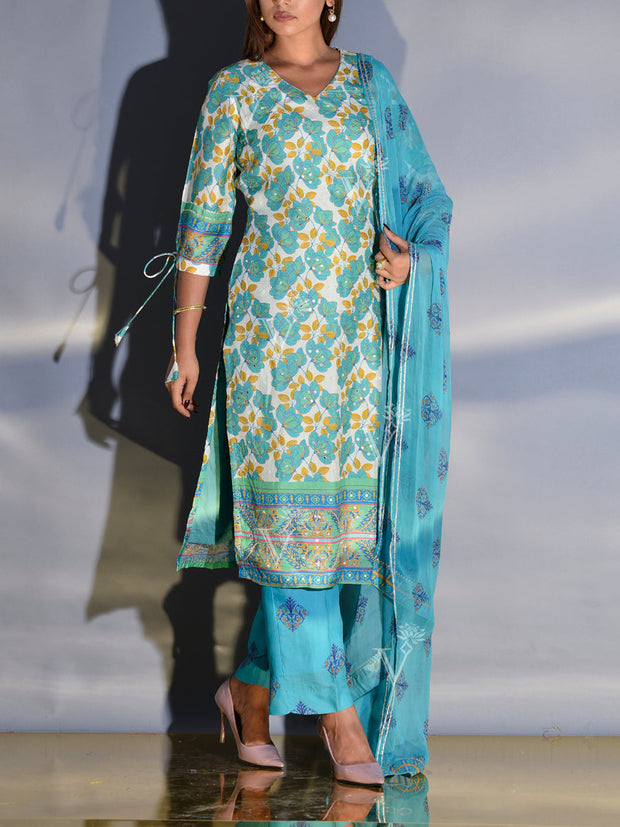 Off-White and Blue Floral Printed Vasansi Silk Suit Set