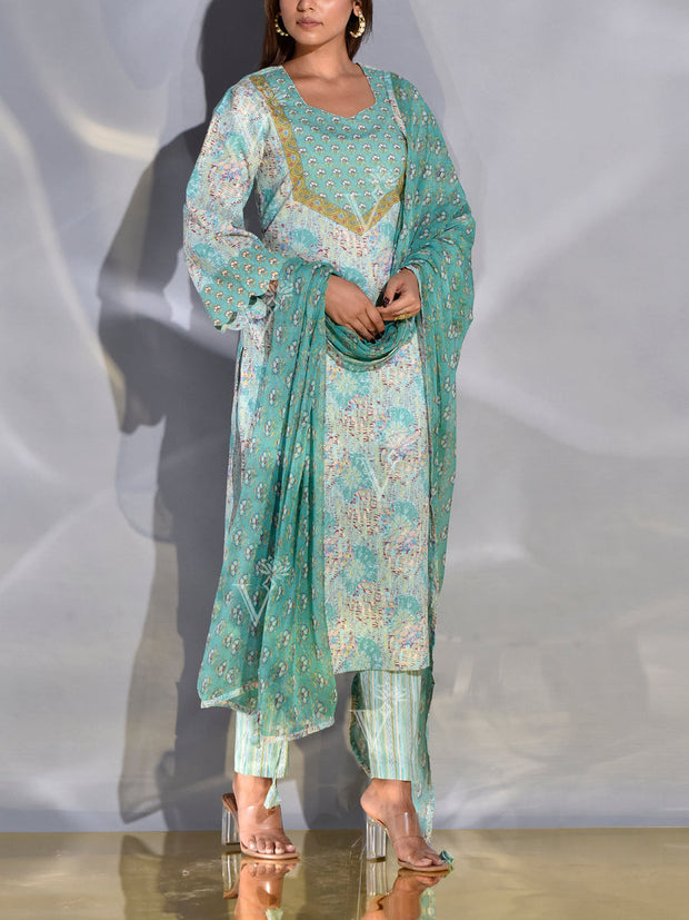 Light Teal Green Dobby Printed Suit Set