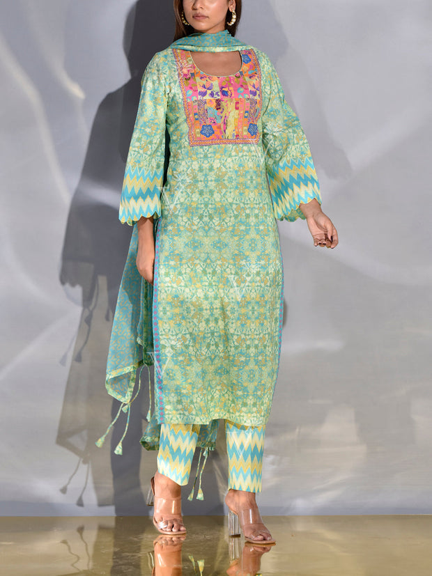 Green Cotton Printed Suit Set