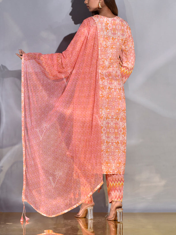 Peach Cotton Printed Suit Set