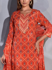 Red Cotton Printed Suit Set