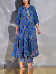 Blue Cotton Printed Kurta and Pant Set