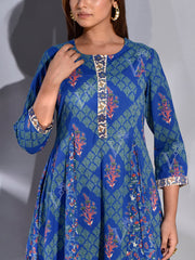 Blue Cotton Printed Kurta and Pant Set