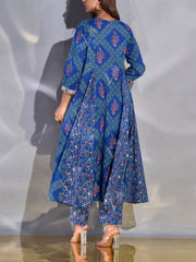 Blue Cotton Printed Kurta and Pant Set