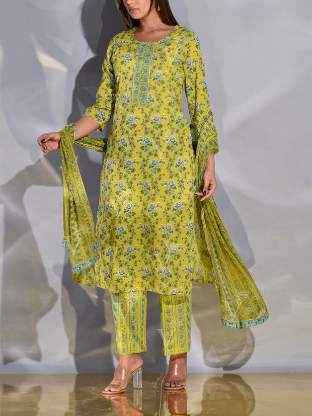 Olive Green Cotton Printed Suit Set