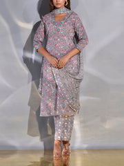 Grey Cotton Printed Suit Set