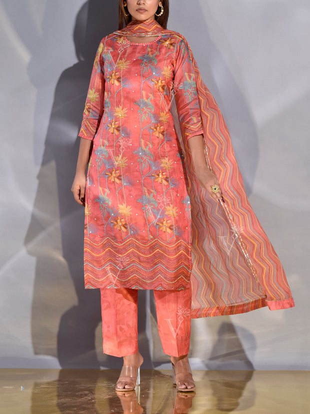 Orange-Red Vasansi Silk Embroidered Suit Set