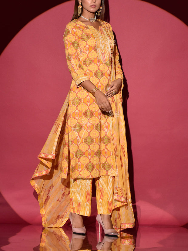 Yellow Cotton Printed Suit Set