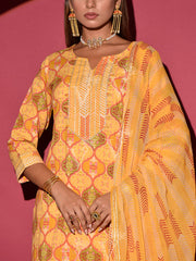 Yellow Cotton Printed Suit Set