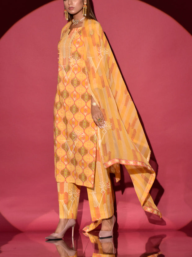 Yellow Cotton Printed Suit Set