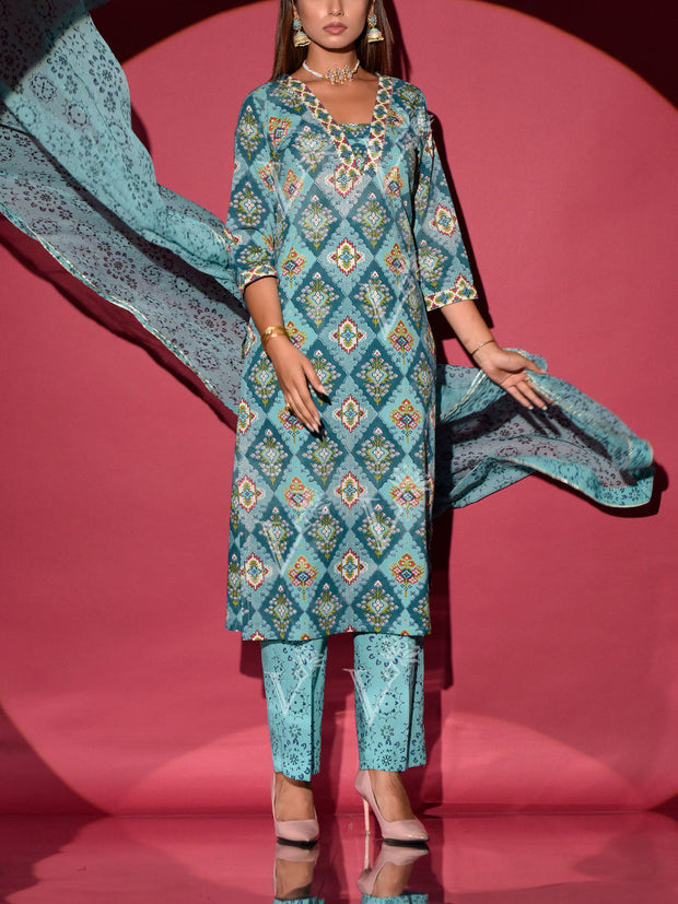 Light Blue Cotton Printed Suit Set