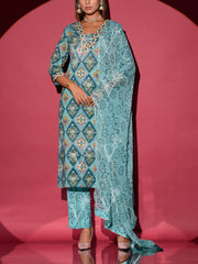 Light Blue Cotton Printed Suit Set