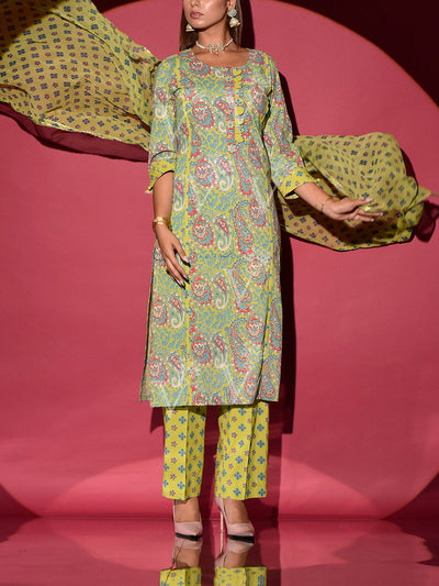 Grass Green Cotton Printed Suit Set