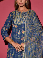 Blue Cotton Printed Suit Set