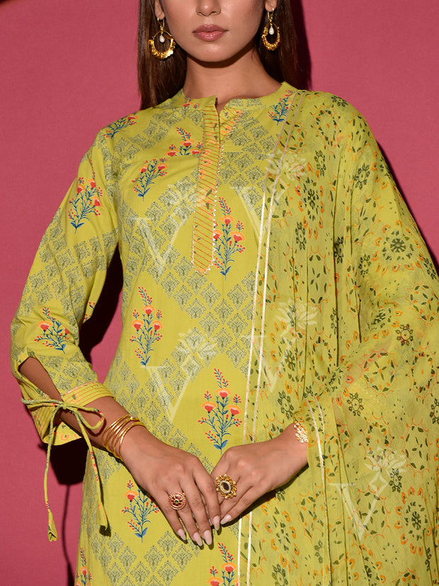 Light Green Cotton Printed Suit Set