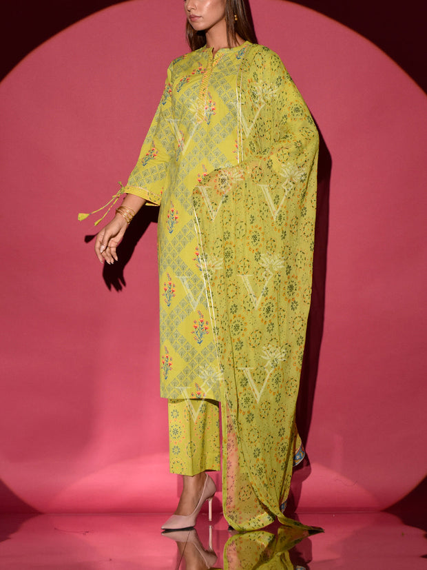 Light Green Cotton Printed Suit Set