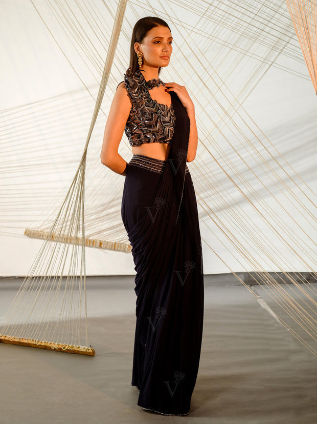 Navy Blue Pre Draped Cocktail Saree