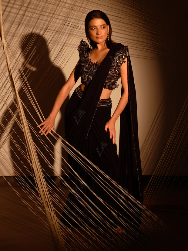 Navy Blue Pre Draped Cocktail Saree