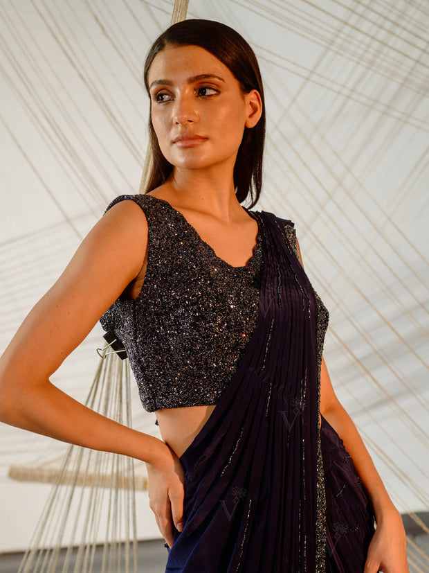 Navy Blue Pre Draped Cocktail Saree