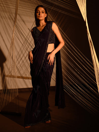 Navy Blue Pre Draped Cocktail Saree