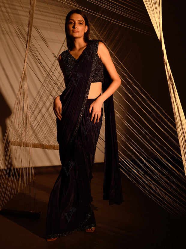 Navy Blue Pre Draped Cocktail Saree