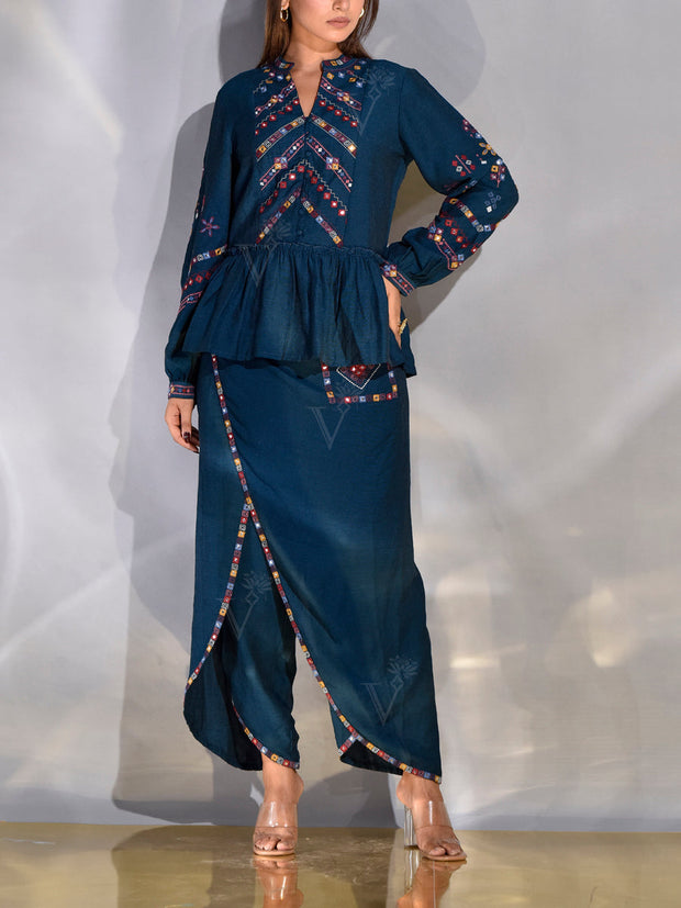 Blue Peplum Top and Drape Dhoti Set