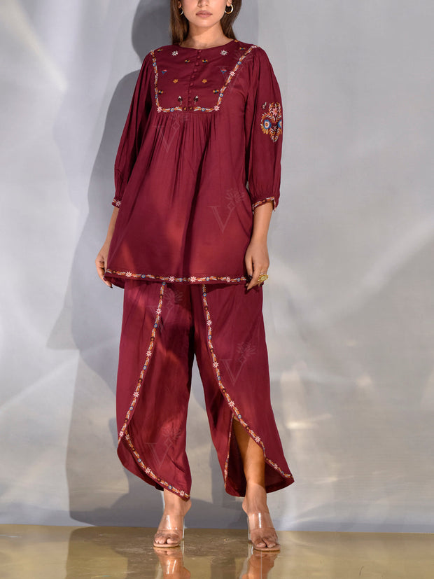 Maroon Top and Dhoti Pant Set