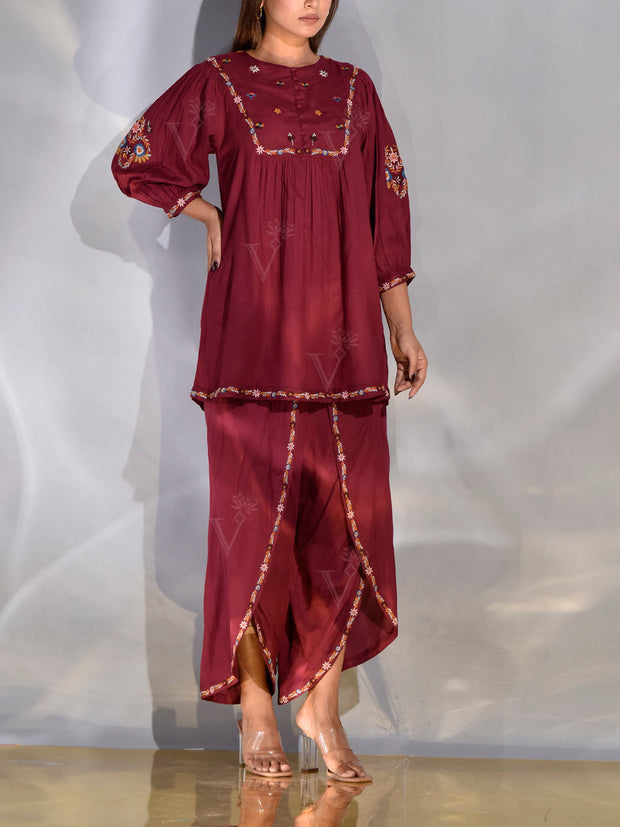 Maroon Top and Dhoti Pant Set