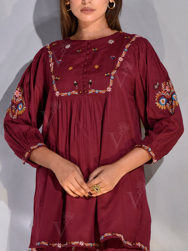 Maroon Top and Dhoti Pant Set