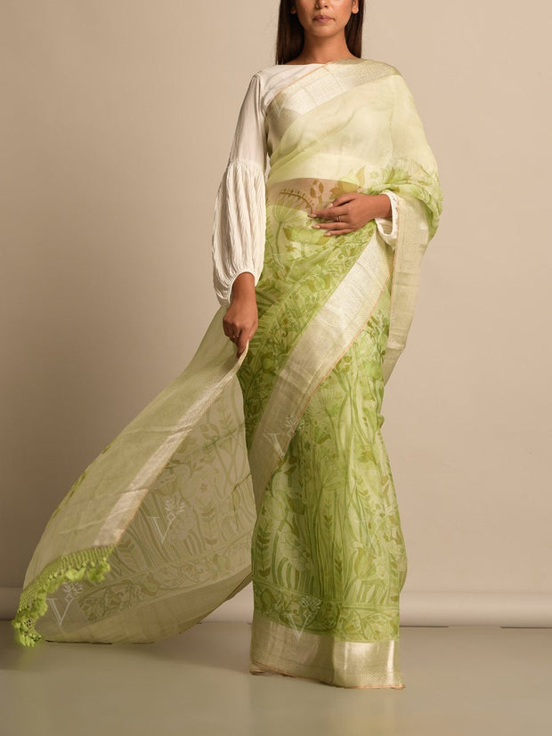 Pista Green Organza Printed Saree