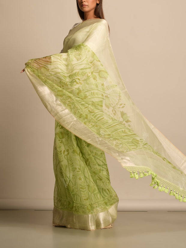 Pista Green Organza Printed Saree