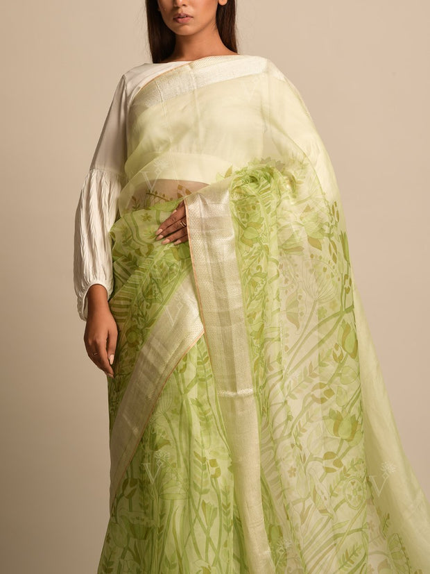 Pista Green Organza Printed Saree