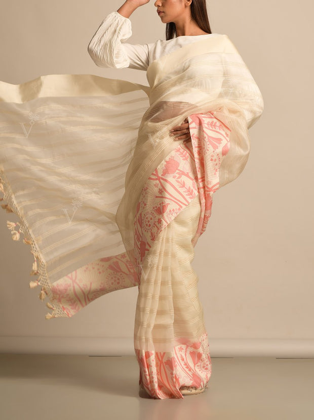 Off White Organza Printed Saree