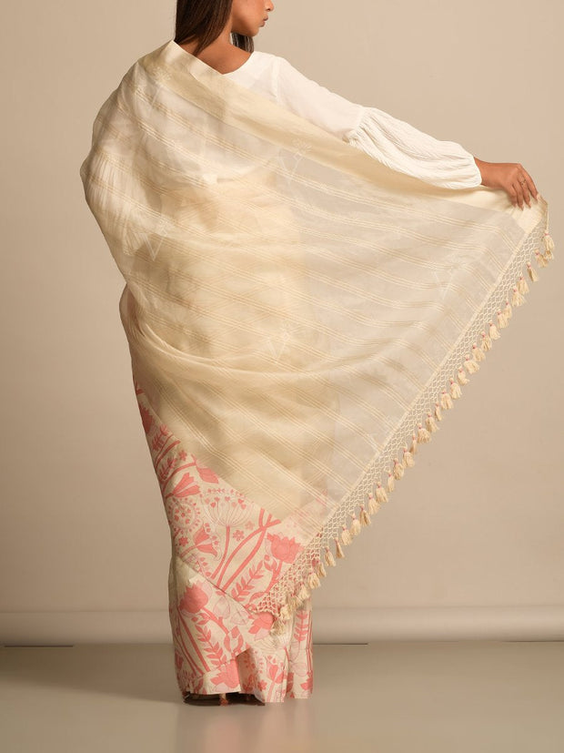 Off White Organza Printed Saree