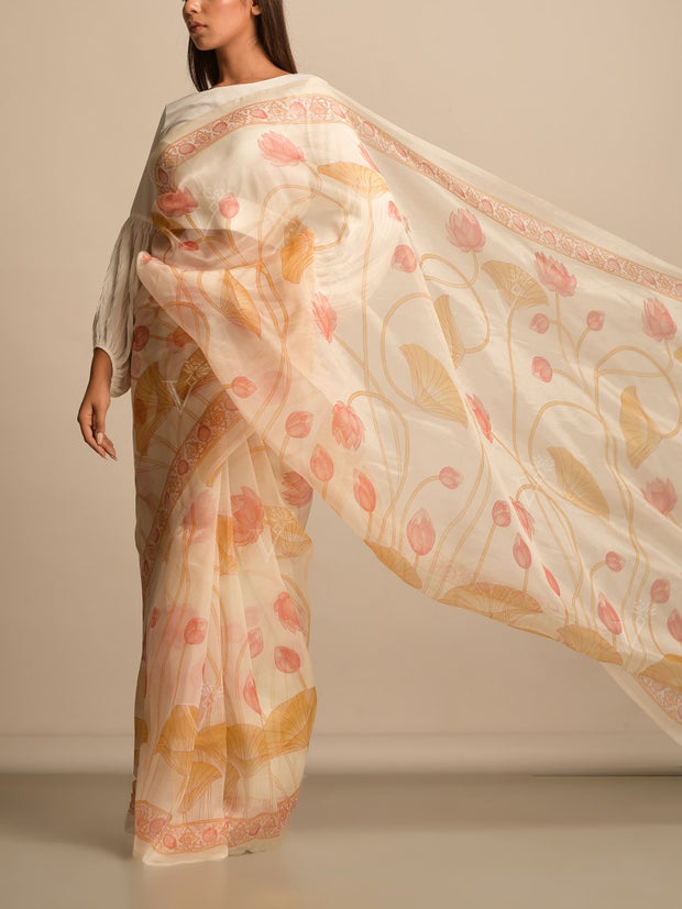 Off White Organza Printed Saree