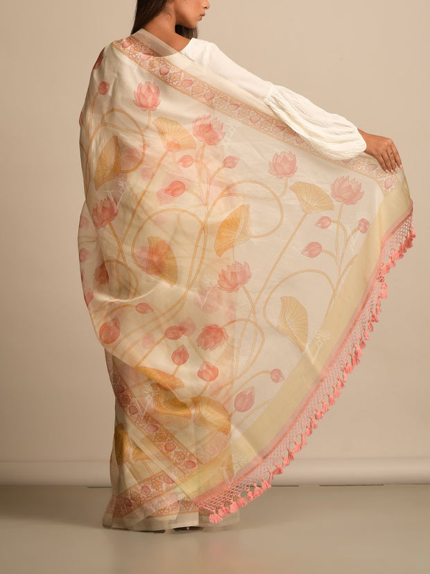 Off White Organza Printed Saree