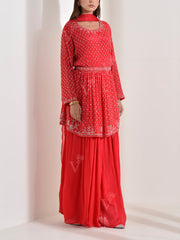 Red Crepe Embroidered Kurta and Palazzo Set