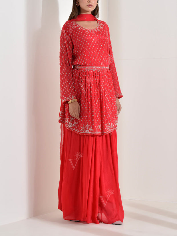 Red Crepe Embroidered Kurta and Palazzo Set